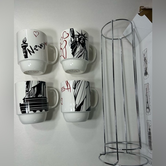 CLARO - Porcelain 12oz Stackable Statue of Liberty Mug Set w/ Chrome Rack - BNIB - Picture 6 of 12